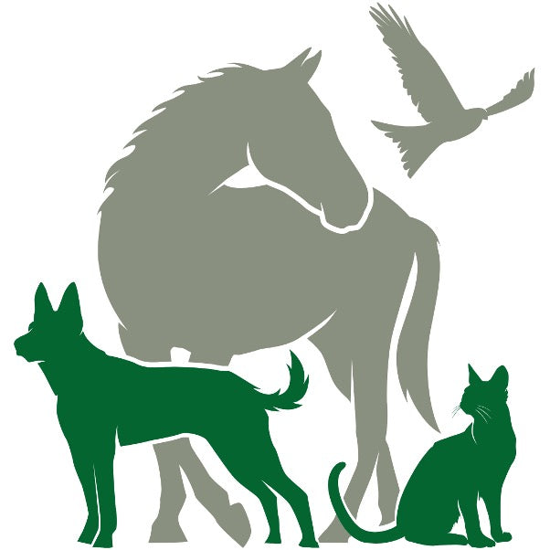 range of animals including a dove, horse, dog, cat using green elements